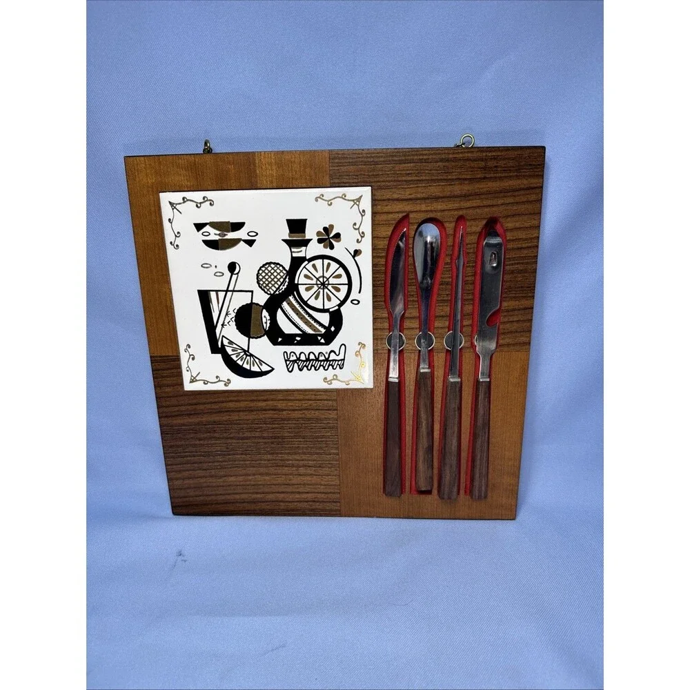 Vintage MCM Georges Briard Hanging Bar Tools & Wooden Cutting Board Cocktail Set